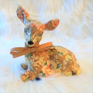 Decoupage Deer Figurine Floral Doe Fawn Lying Down Gold Cream Brown 7" Decor Vtg